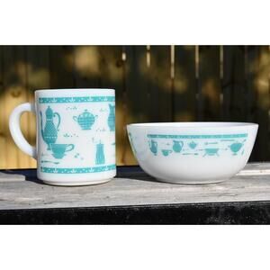 VTG 1950s Hazel Atlas Kitchen Aids Milk Glass Turquoise Teal Bowl and Coffee Mug